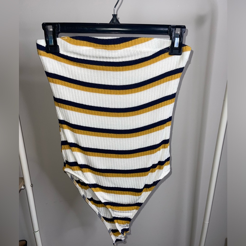 Striped bandeau tube top bodysuit - white, yellow, and navy size small